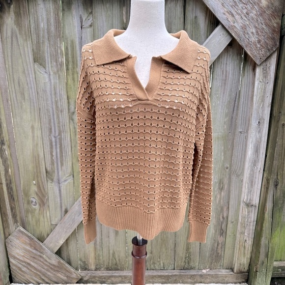 Joie Eyelet Cutout Collared Neckline Bronze Brown V Neckline Sweater - Picture 1 of 8